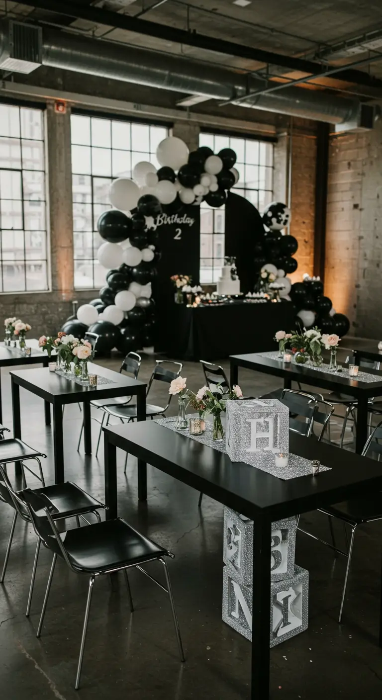 Decoración de fiesta moderna en blanco y negro con números de mesa de glitter plateado apilados.