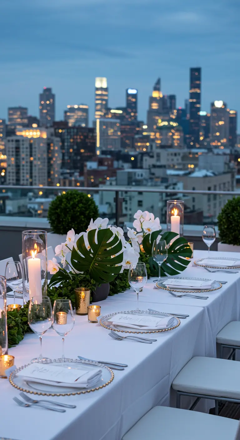 Mesa elegante en una azotea con vistas a la ciudad, decorada en blanco y dorado.