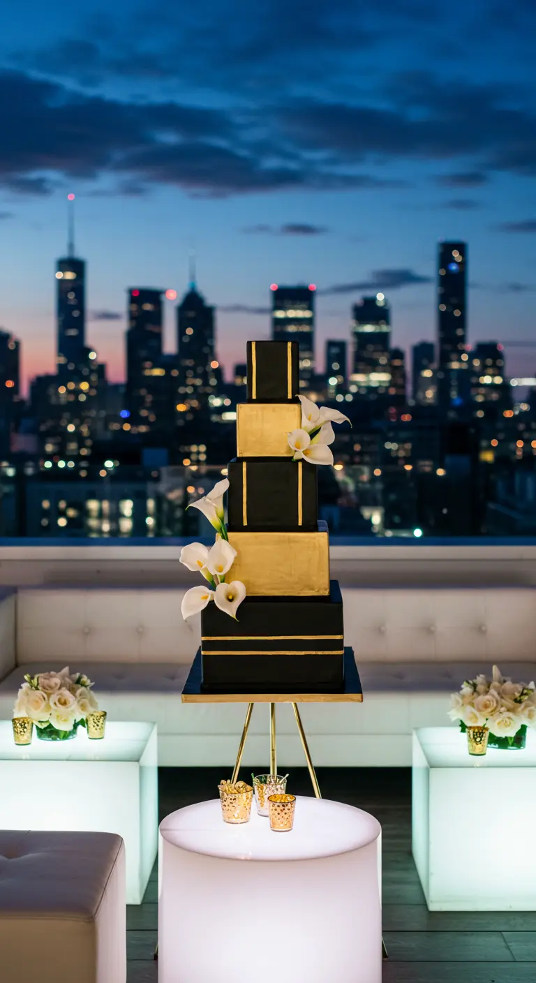 Pastel de bodas negro y dorado con calas blancas en una azotea de la ciudad.