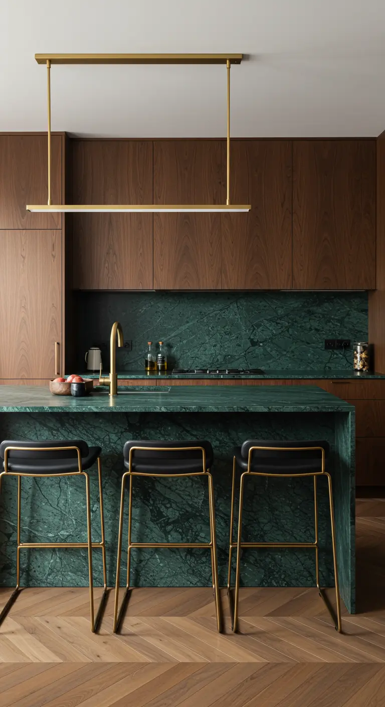 Cocina de lujo con una espectacular isla de mármol verde y detalles dorados.