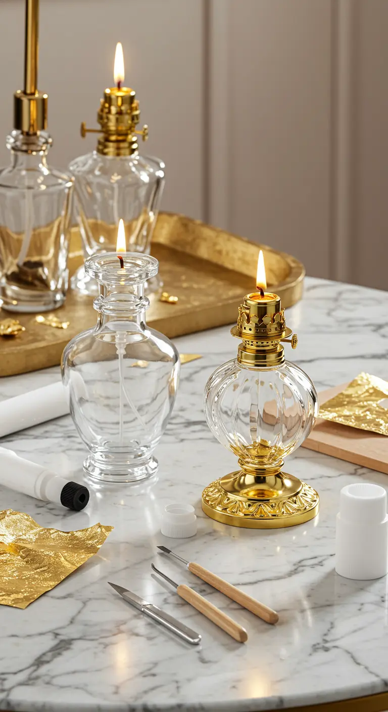 Pequeñas lámparas de aceite de estilo vintage con bases de cristal ornamentado y detalles dorados.