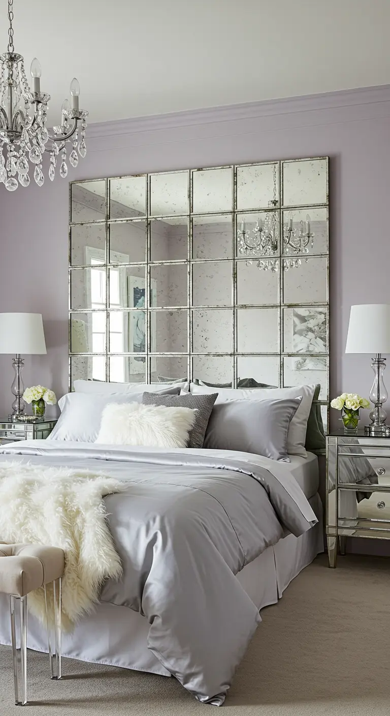 Cabecero alto compuesto por una cuadrícula de paneles de espejo envejecido en un dormitorio lujoso y femenino
