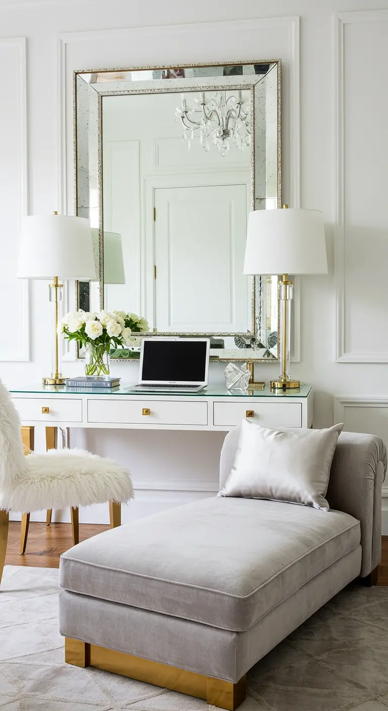 Oficina glamurosa con escritorio blanco y dorado, un gran espejo y un diván de terciopelo gris.