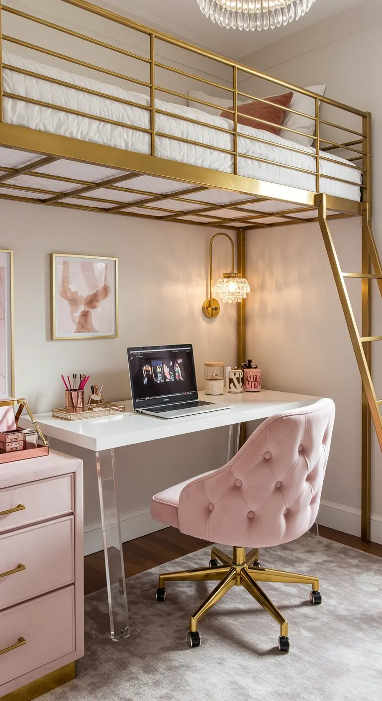 Cama alta de metal dorado con un escritorio blanco, silla de terciopelo rosa y detalles chic