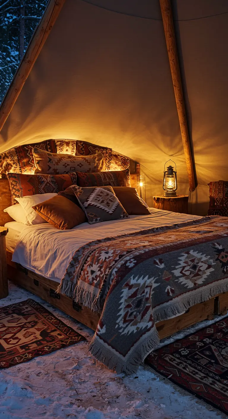 Cama acogedora en una tienda de campaña interior con mantas y cojines de estilo étnico.