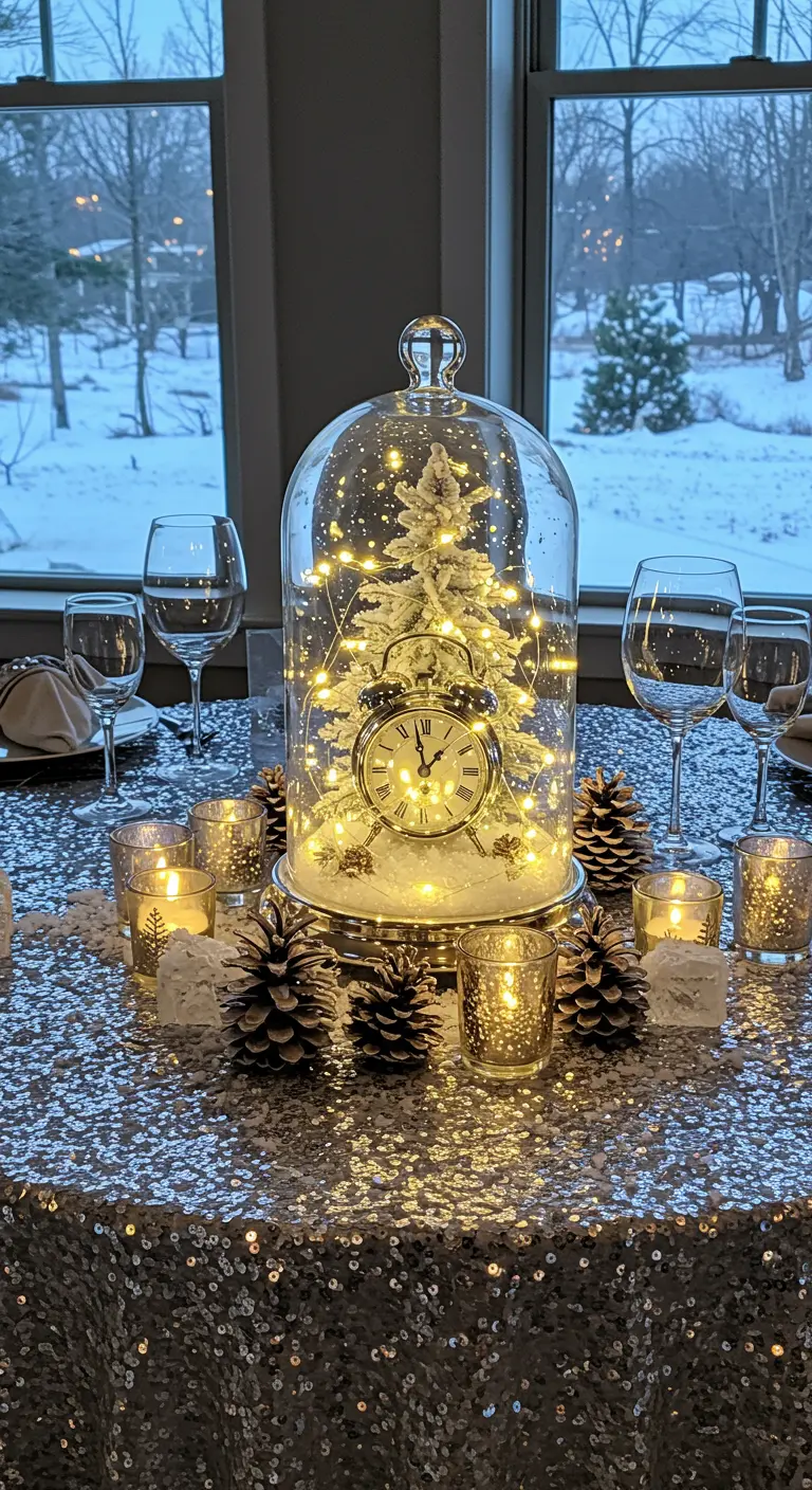 Cúpula de cristal con un reloj, árbol de Navidad y luces sobre una mesa plateada.