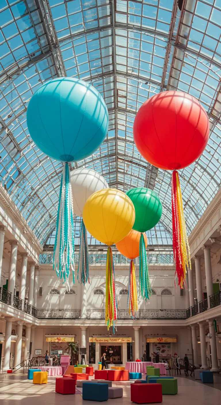 Globos gigantes de colores con largas colas de serpentinas de papel flotando en un atrio.