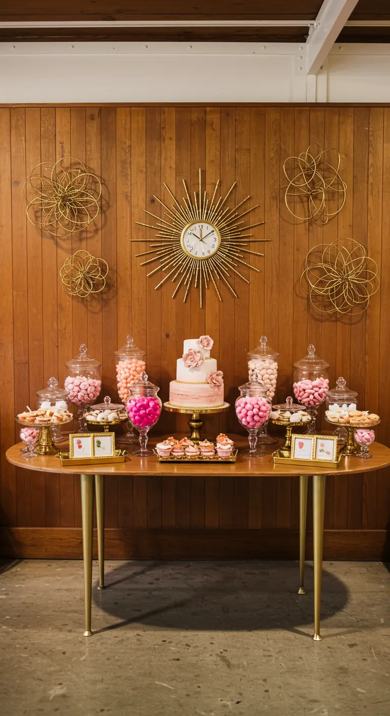 Candy bar de estilo Mid-Century Modern con un reloj de sol dorado sobre una pared de madera.