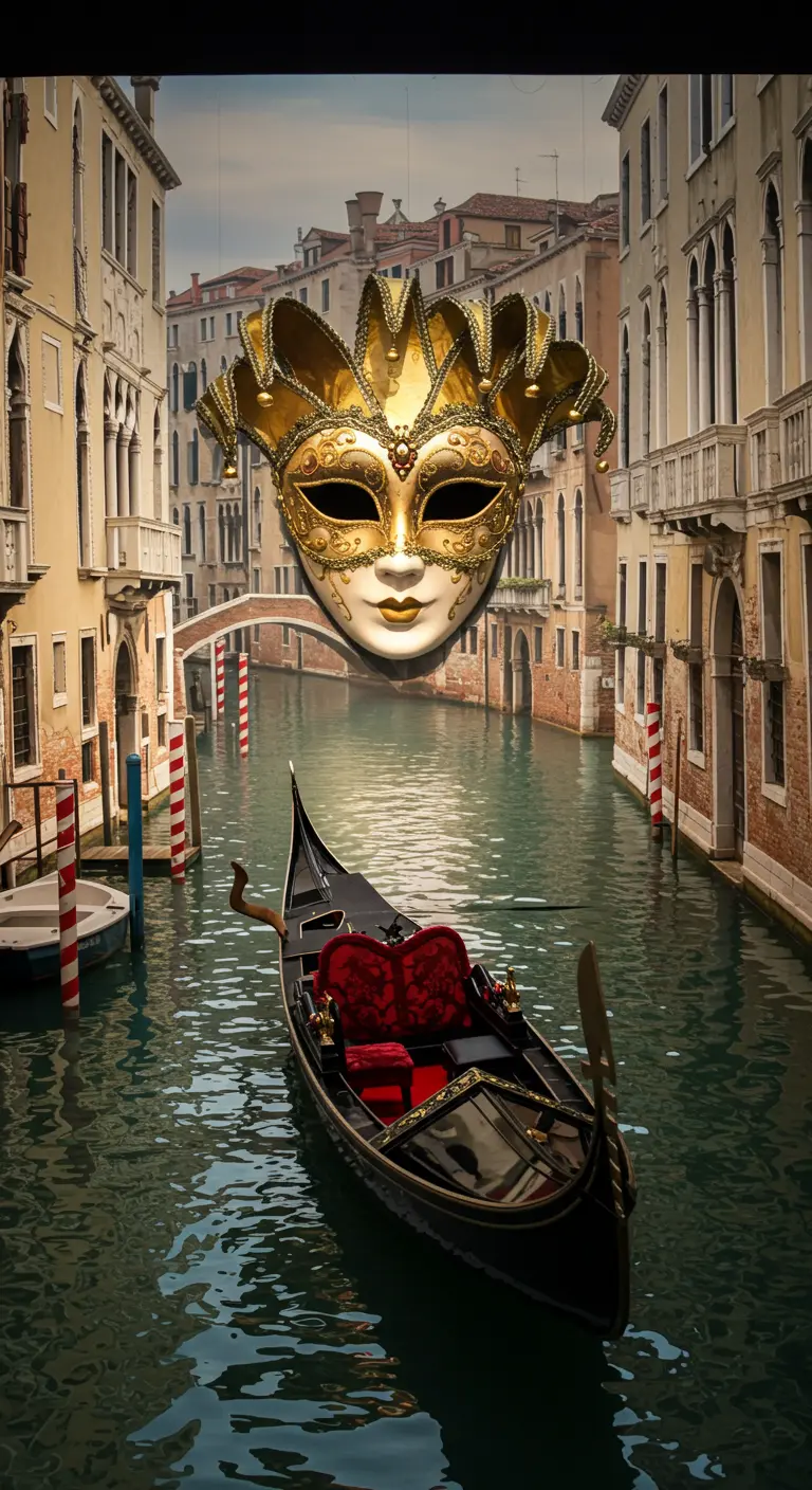 Fotografía de un canal de Venecia con una góndola y una máscara veneciana gigante flotando.