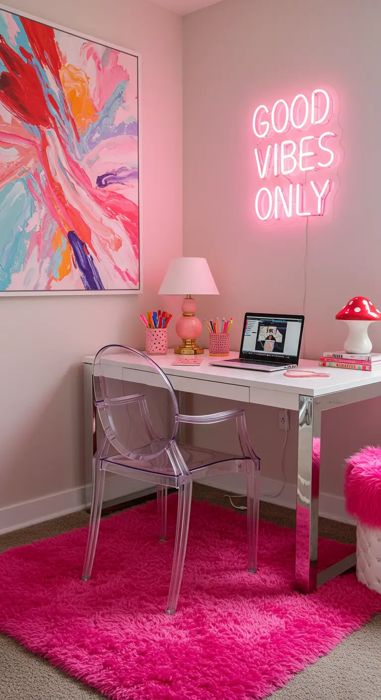 Oficina en casa moderna y vibrante con un letrero de neón rosa y arte abstracto.