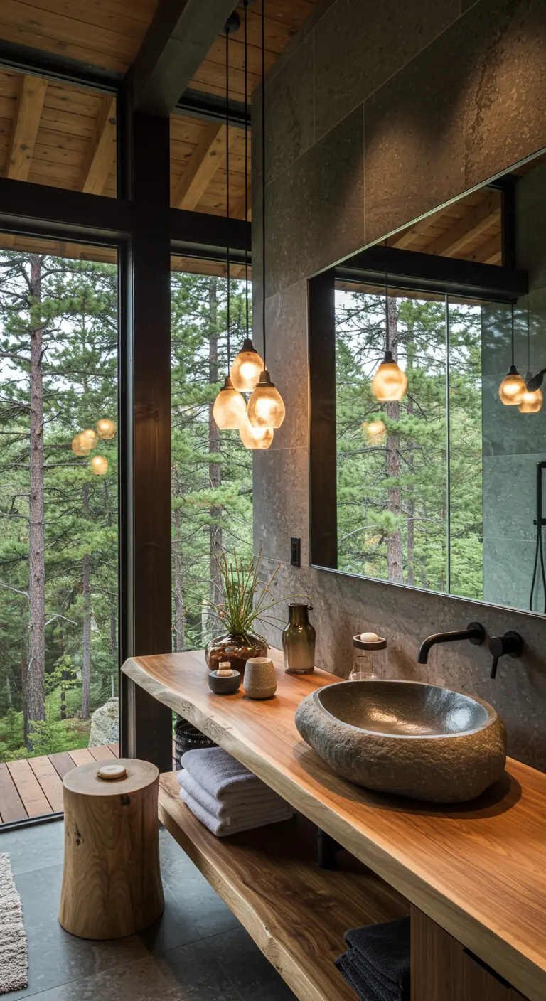 Baño rústico con gran ventanal al bosque y lámparas de vidrio colgantes