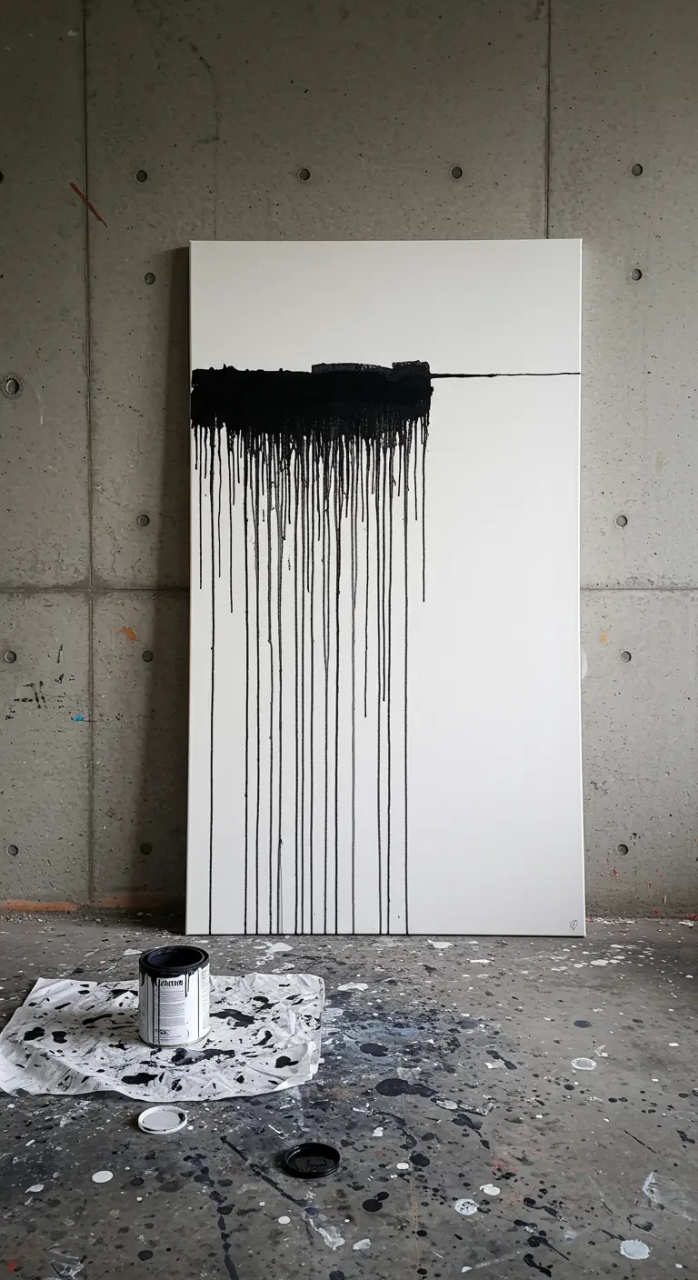 Lienzo blanco con pintura negra goteando desde la parte superior, apoyado en una pared de hormigón