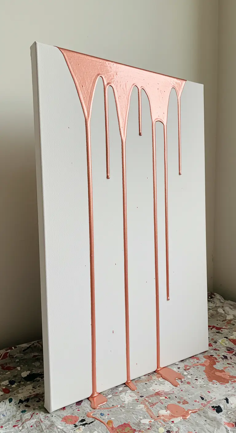 Lienzo blanco con pintura espesa color cobre rosado goteando desde el borde superior.
