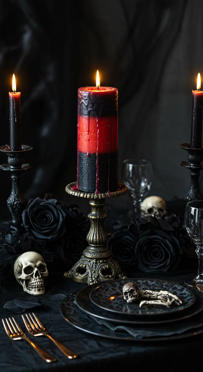 Vela de capas roja y negra con efecto de cera derretida en un candelabro gótico.