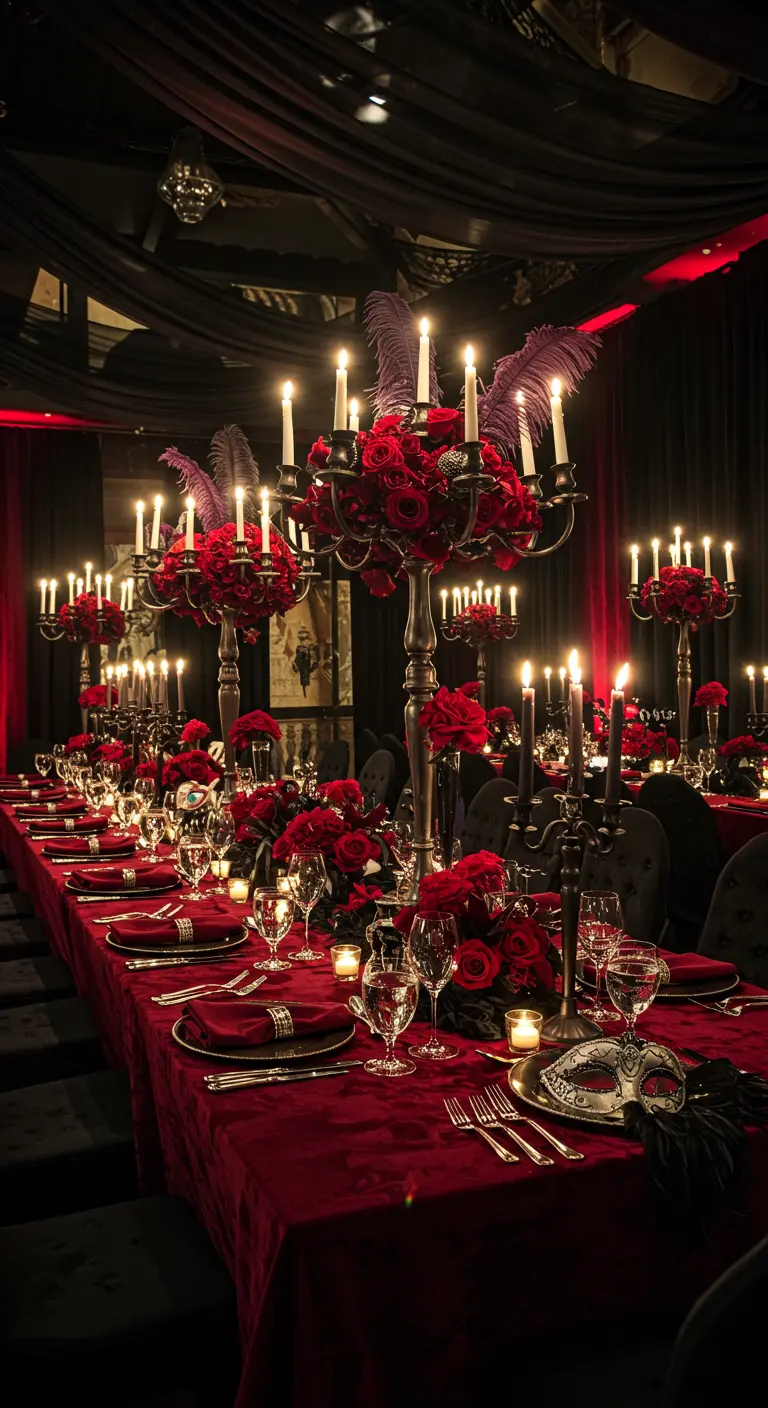 Mesa larga decorada en estilo gótico con manteles rojos, candelabros negros y máscaras plateadas.