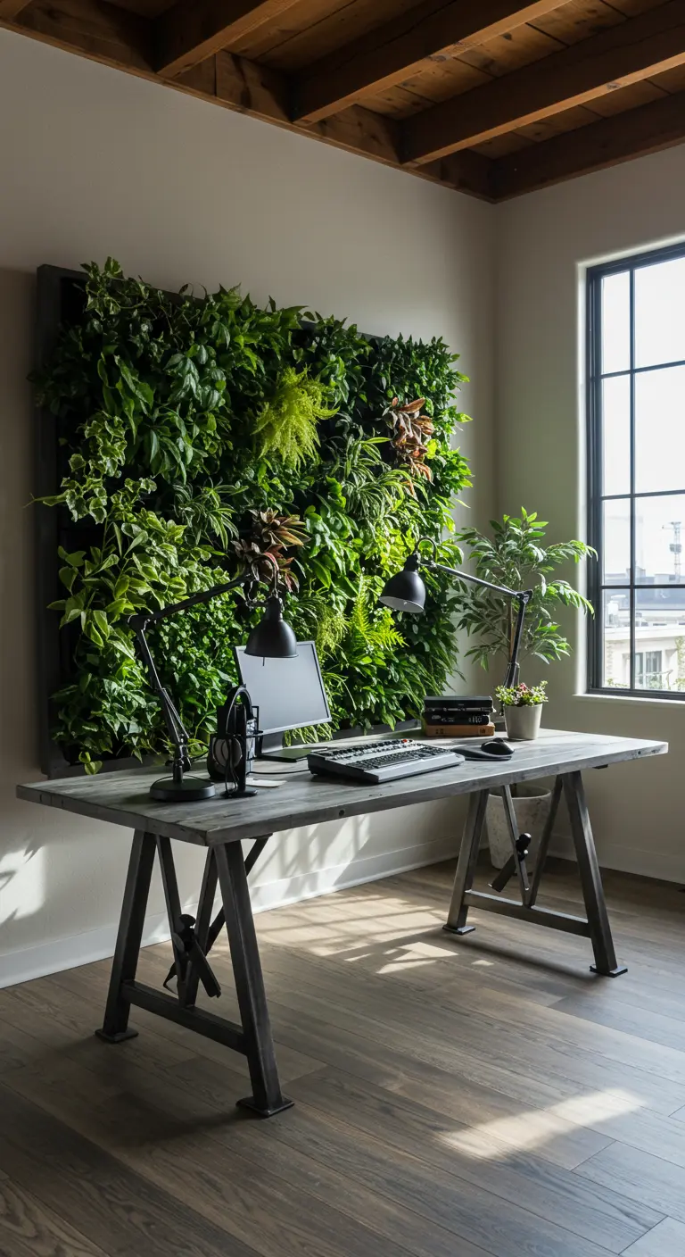 Oficina en casa con un gran jardín vertical como fondo y un escritorio de estilo industrial.