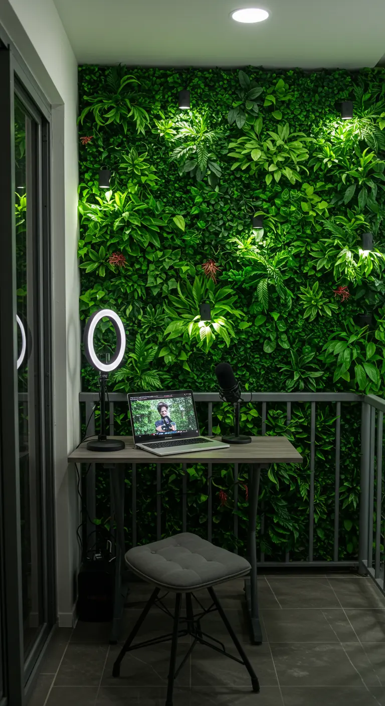 Setup para streaming en un balcón con una pared verde de fondo, aro de luz y micrófono