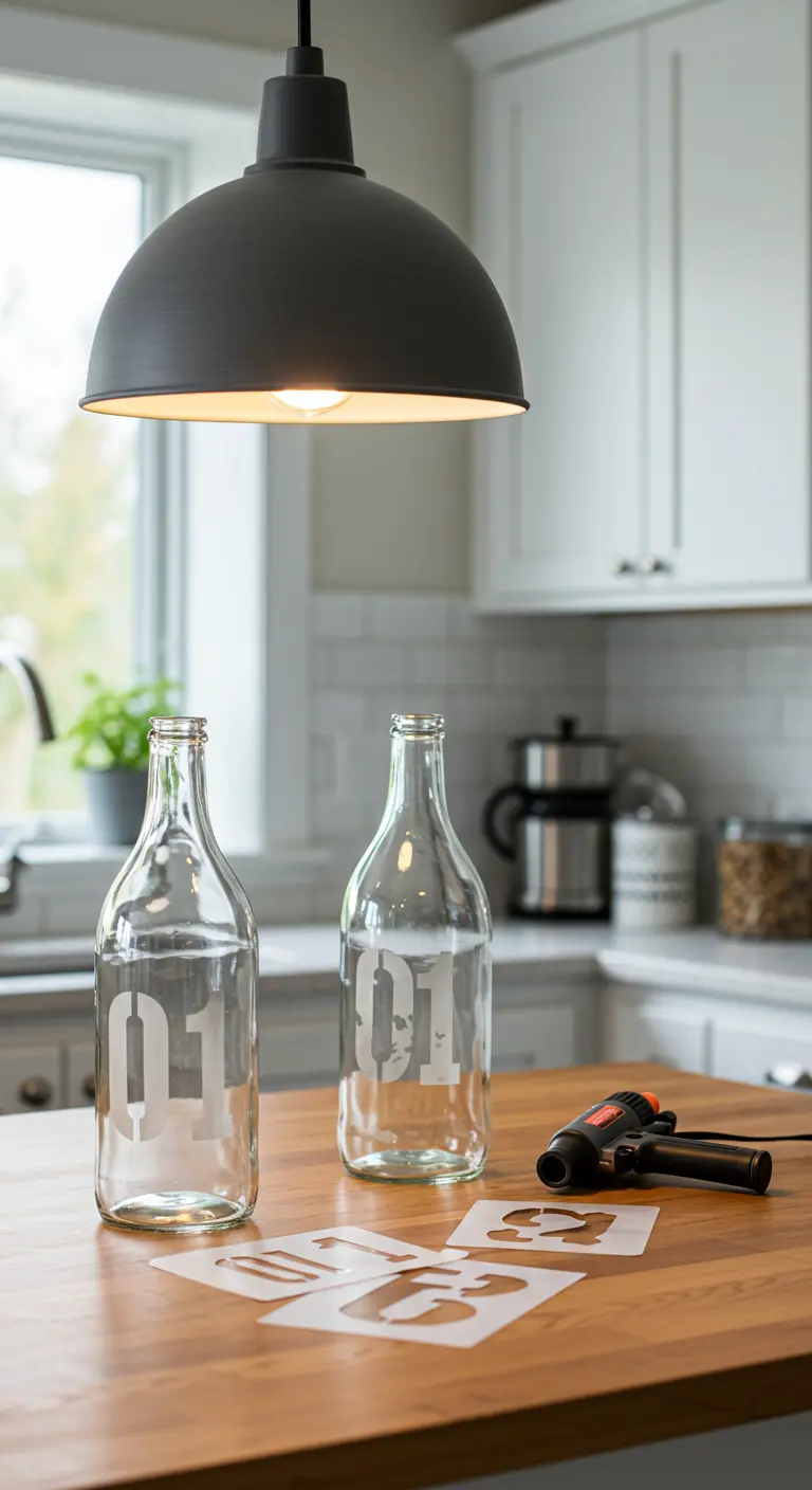Botellas de vidrio transparente con números grabados al ácido sobre una encimera de cocina.