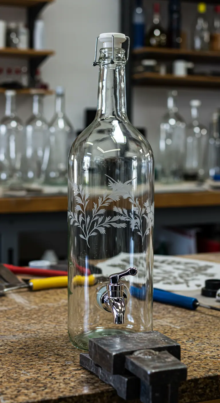 Botella de vidrio transparente con grabado floral blanco, convertida en dispensador de agua.