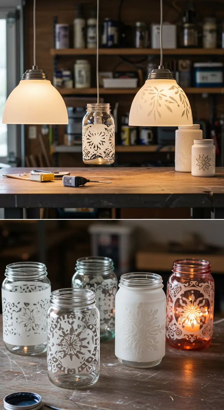 Frascos de vidrio decorados con plantillas y crema de grabado para un efecto esmerilado.