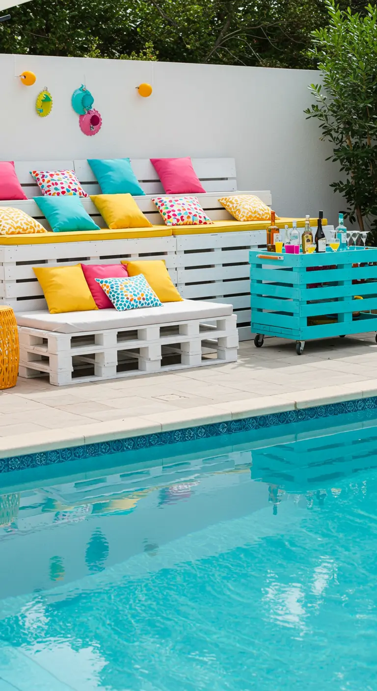 Gradas de palets blancos con cojines de colores junto a una piscina y un carrito de bebidas.