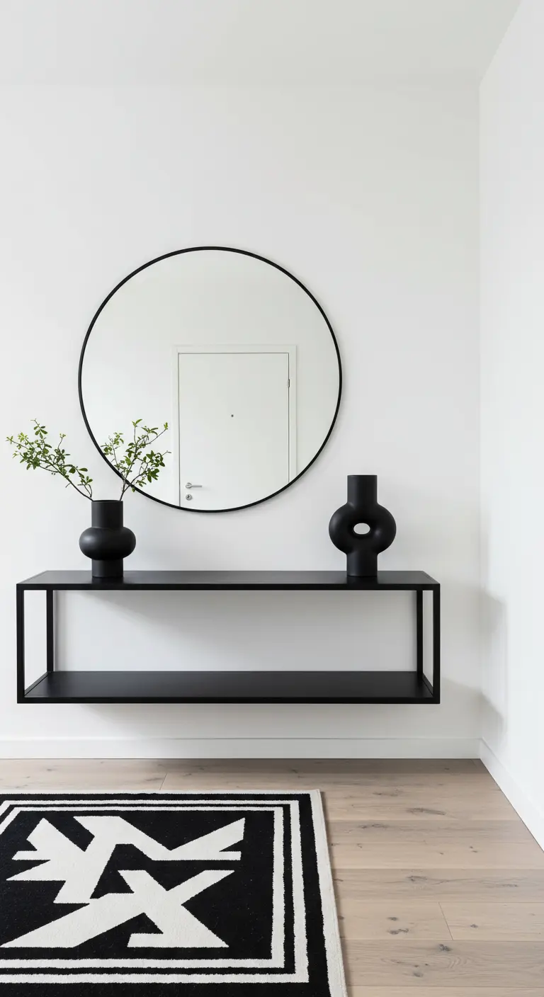 Recibidor minimalista en blanco y negro con consola metálica, espejo grande y jarrones escultóricos