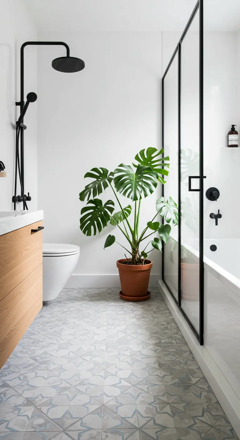 Baño con mampara de ducha negra, suelo con patrón geométrico y una gran planta Monstera.