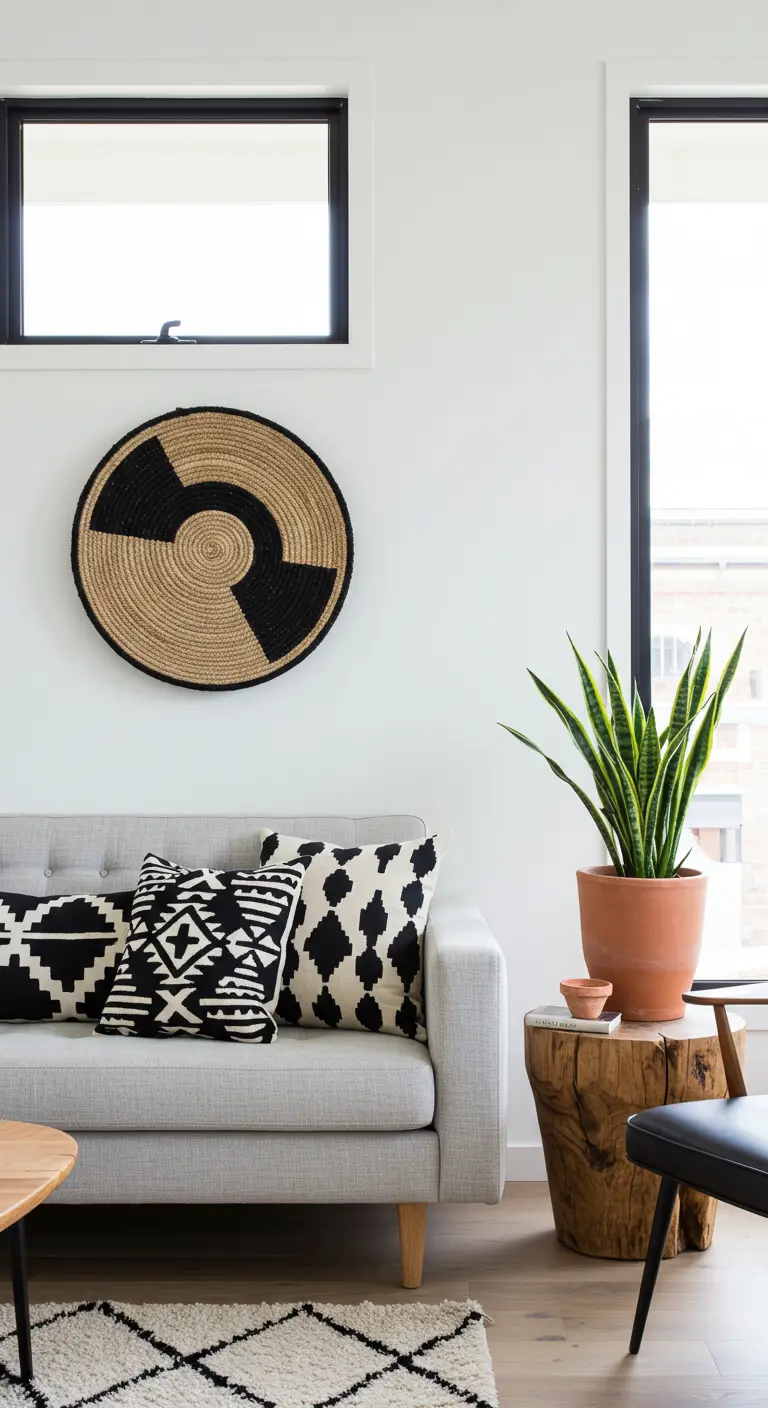 Salón moderno con sofá gris, cojines con patrones en blanco y negro y un cesto en la pared.