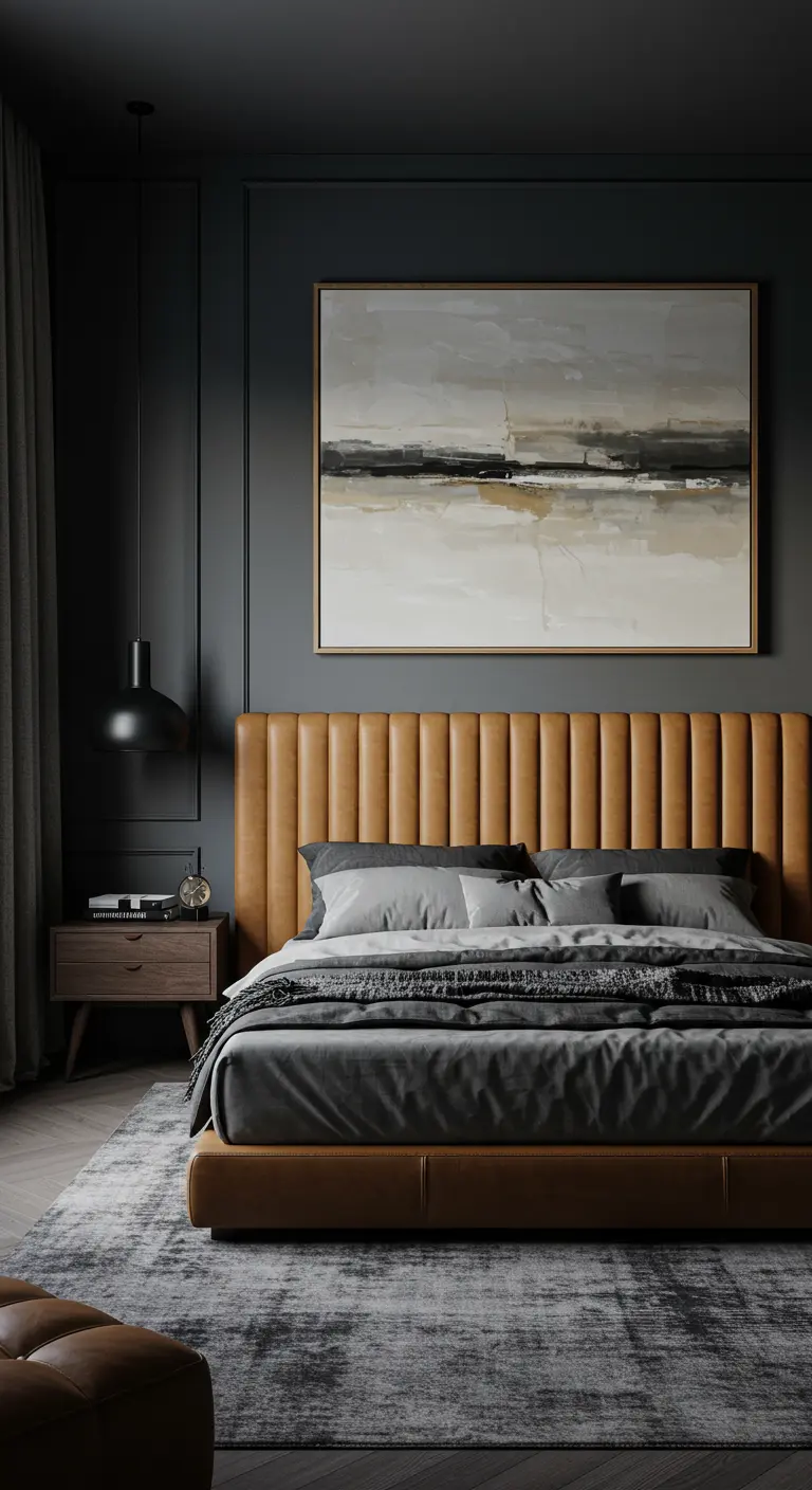 Dormitorio con paredes gris oscuro, cama con cabecero de cuero coñac y cuadro abstracto.