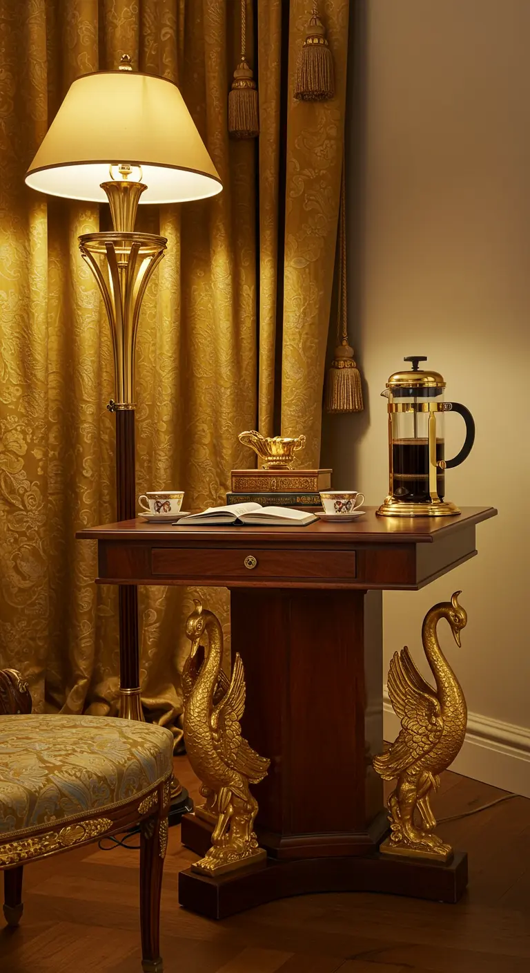 Mesa opulenta con bases de cisnes dorados y una gran lámpara de pie en una habitación lujosa.