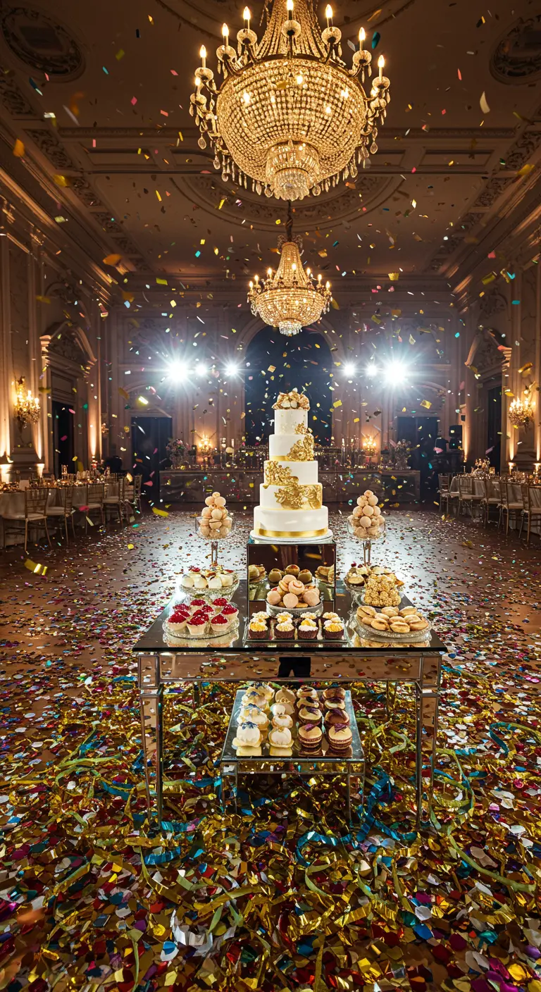Mesa de postres con un gran pastel blanco y dorado mientras cae confeti en una gran sala de baile.