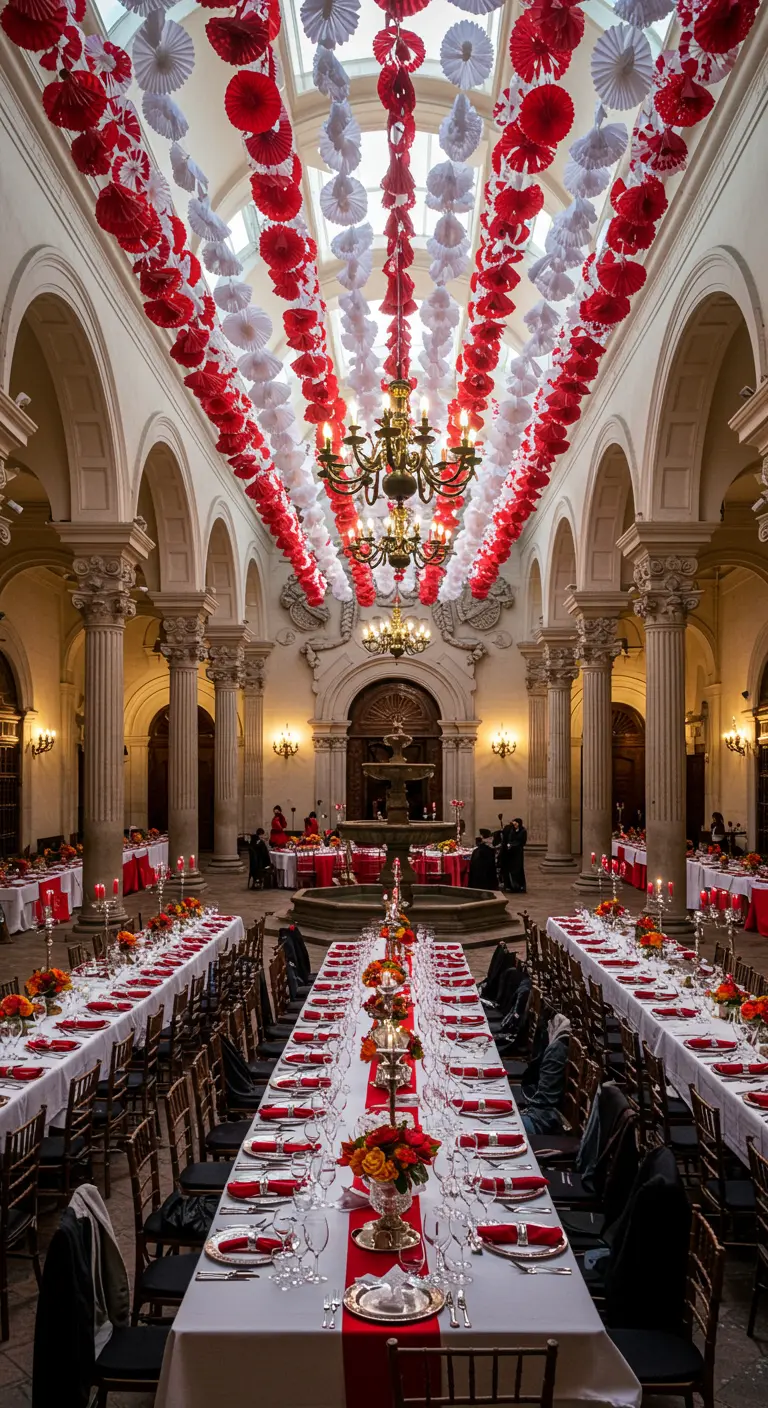 Salón de baile señorial con un techo abovedado cubierto de hileras de rosetones de papel rojos y blancos.