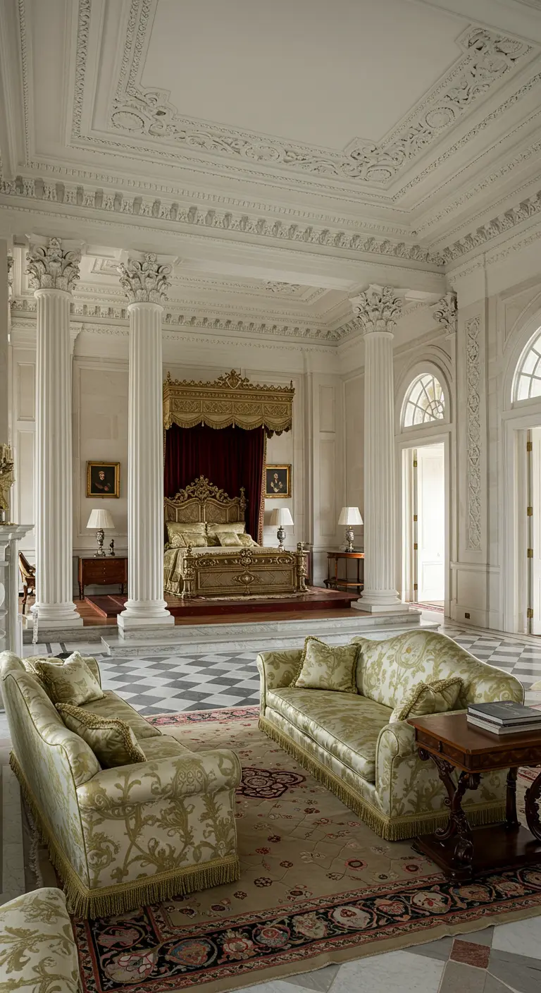 Dormitorio palaciego neoclásico con columnas, molduras y una cama dorada con dosel