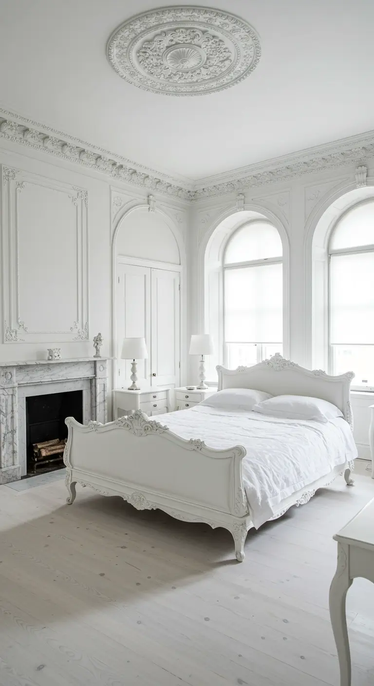 Dormitorio neoclásico con molduras ornamentadas, chimenea de mármol y una cama de estilo antiguo, todo blanco.
