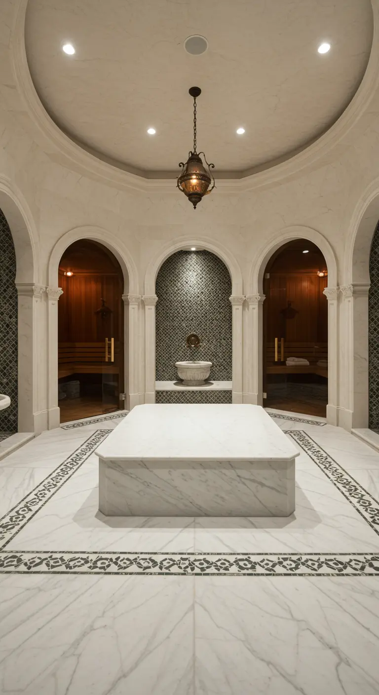 Gran hammam de mármol con arcos, una plataforma central y detalles de mosaico en el suelo