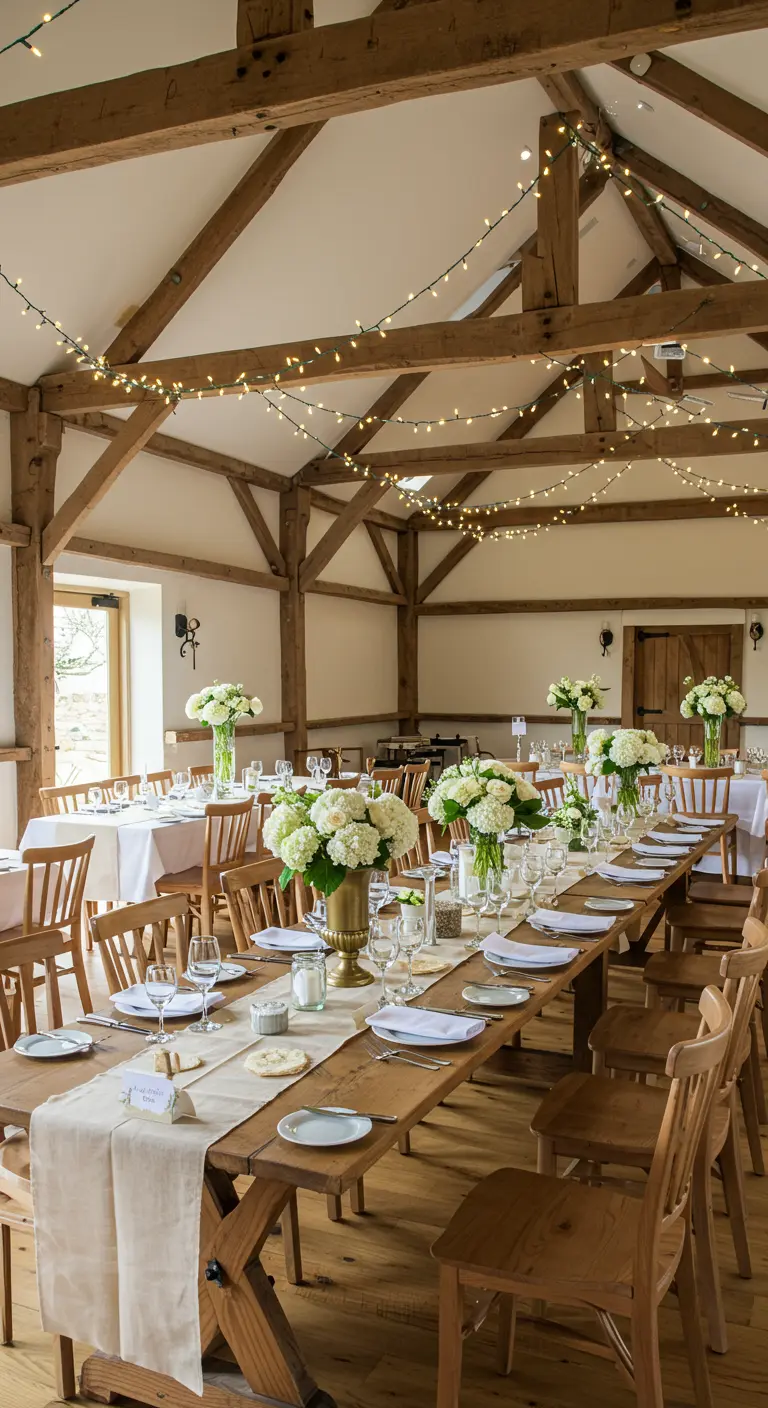 Mesa larga de madera en un granero con vigas, decorada con flores blancas y luces de hadas.