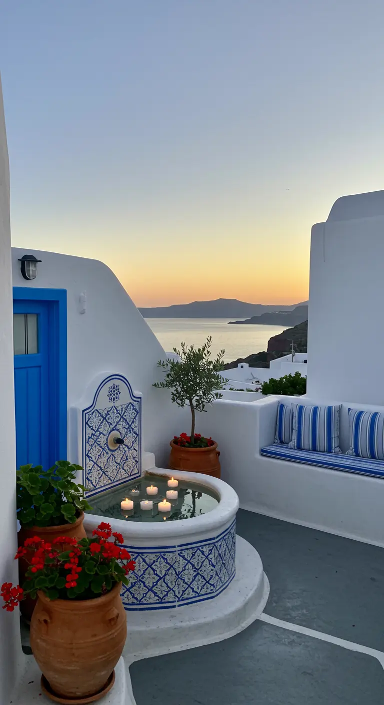 Terraza de estilo griego con paredes blancas, fuente de azulejos azules y vistas al mar