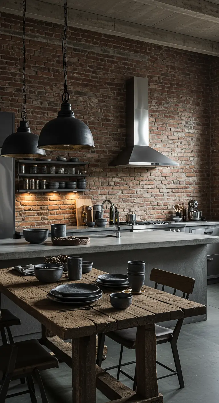 Cocina de estilo industrial con pared de ladrillo y vajilla de cerámica oscura.