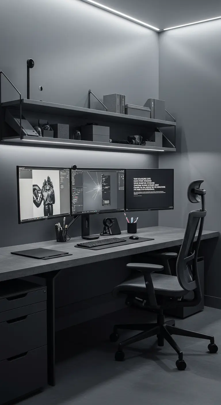 Estación de trabajo gamer en gris carbón con múltiples monitores e iluminación LED.