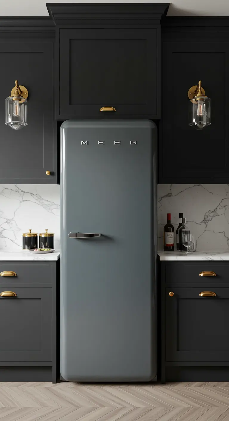 Cocina de lujo con frigorífico retro gris oscuro, armarios negros y mármol blanco.