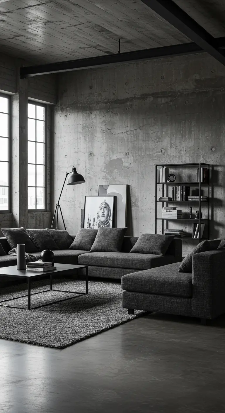 Sala de estar de estilo industrial en tonos grises con paredes de hormigón y sofá modular.