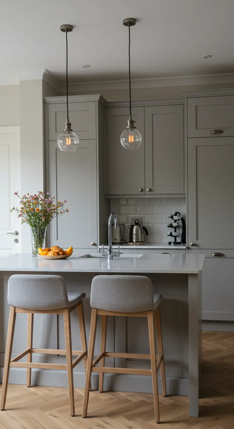 Cocina con isla y armarios en color gris claro, taburetes de madera y lámparas colgantes