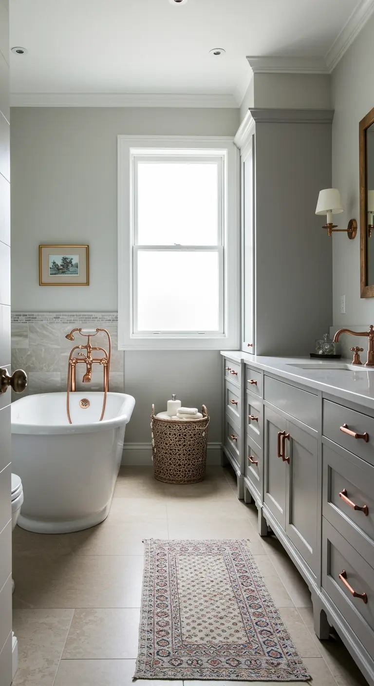 Baño en tonos grises con bañera exenta y tiradores de cobre en los muebles.