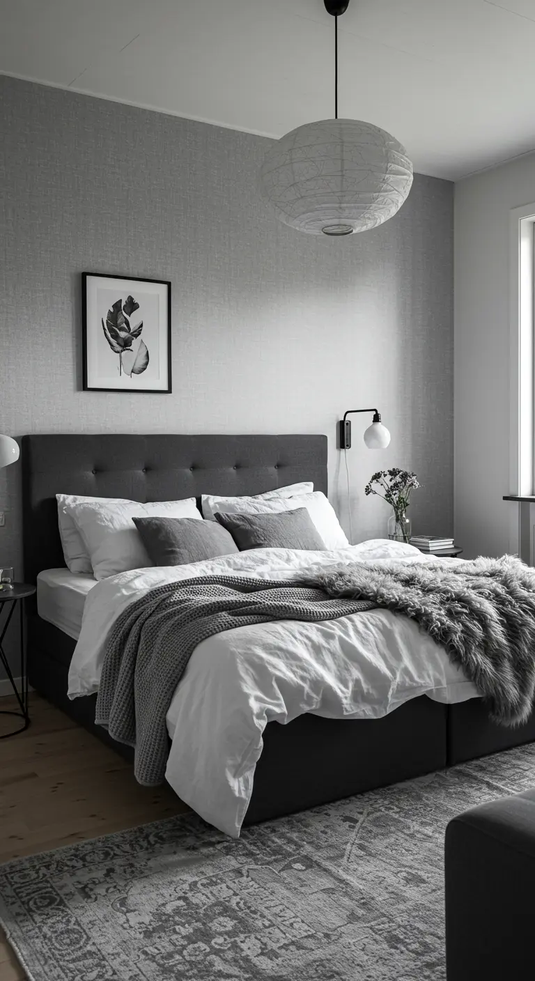 Dormitorio elegante con cama tapizada en gris, textiles en diferentes grises y lámpara de papel
