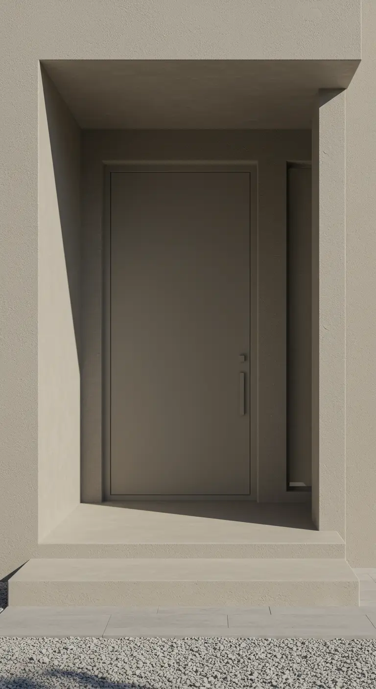 Porche minimalista completamente pintado en un tono gris topo oscuro, creando un efecto envolvente