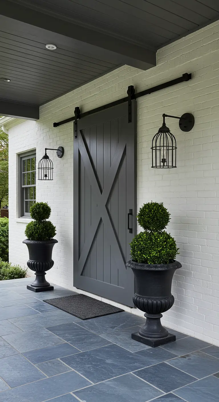 Puerta de granero gris oscuro sobre una pared de ladrillo blanco, flanqueada por macetas negras.