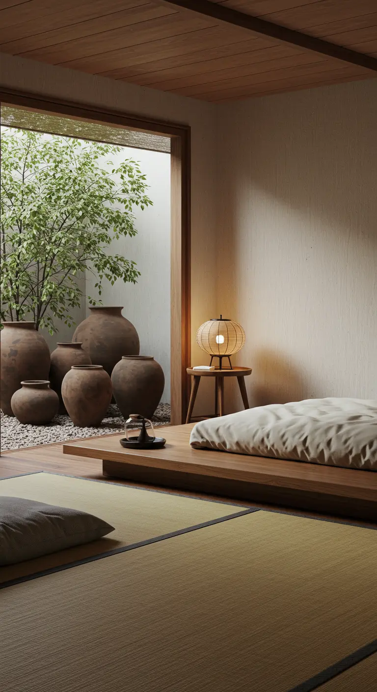 Dormitorio sereno de estilo japonés con grandes vasijas de barro junto a un patio interior.