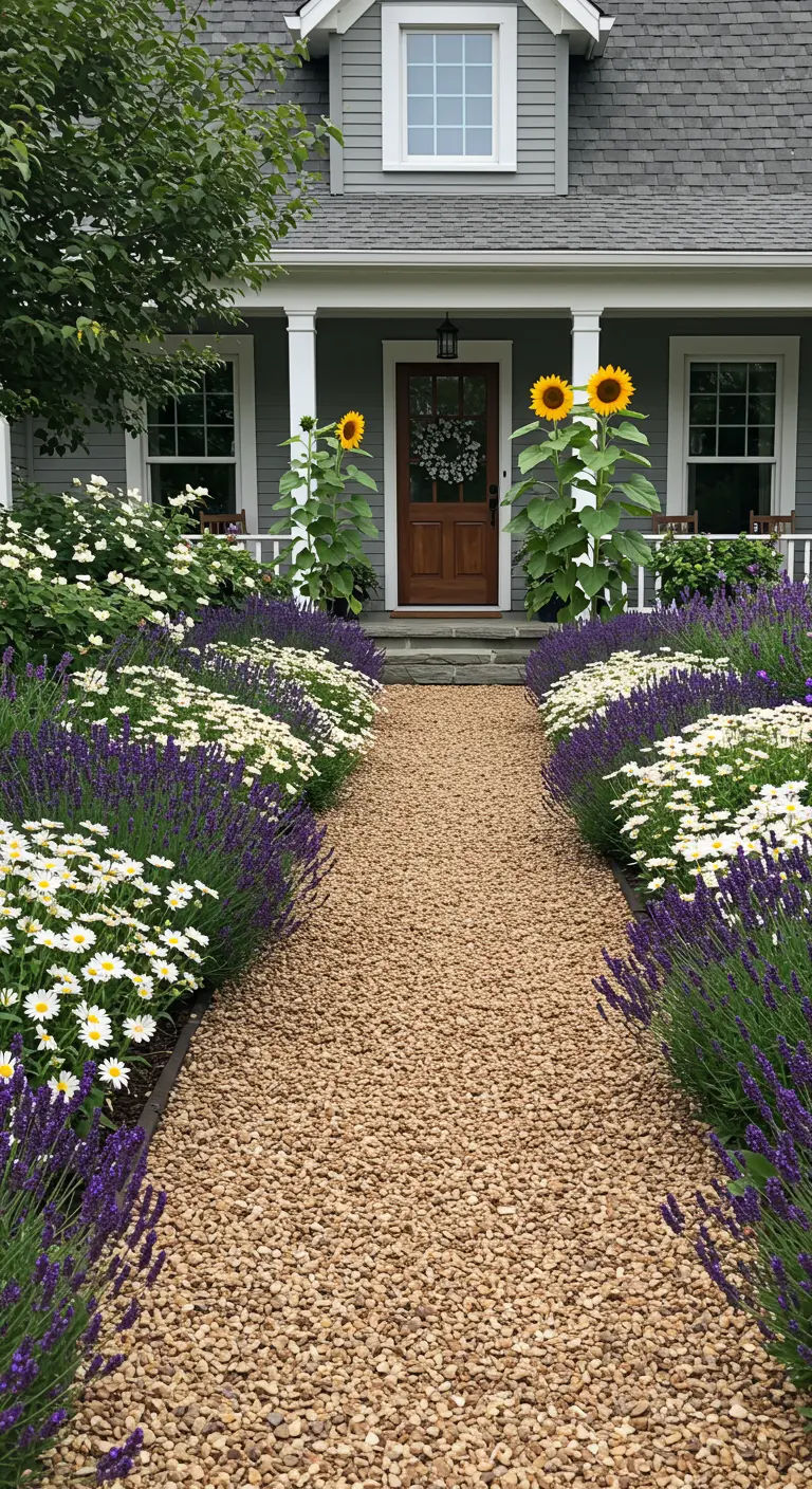 Entrada de una casa con camino de grava bordeado por lavanda y margaritas, con dos girasoles en la puerta.