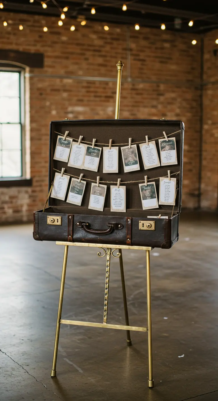 Maleta vintage en un caballete dorado usada como plano de asientos para una boda.