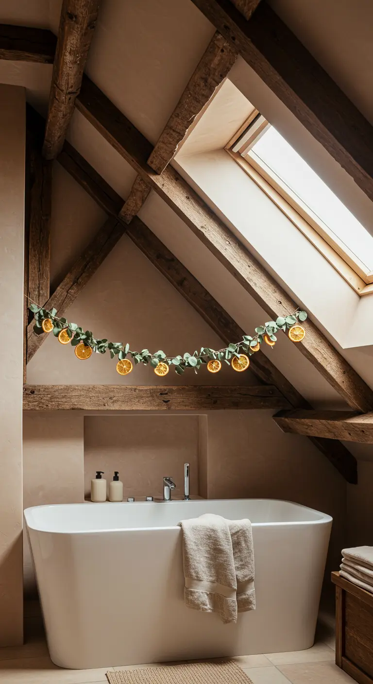 Baño rústico con vigas de madera y una guirnalda de naranjas secas y eucalipto.